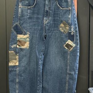 Pilcro Denim with Camouflage Patchwork Flare Jeans